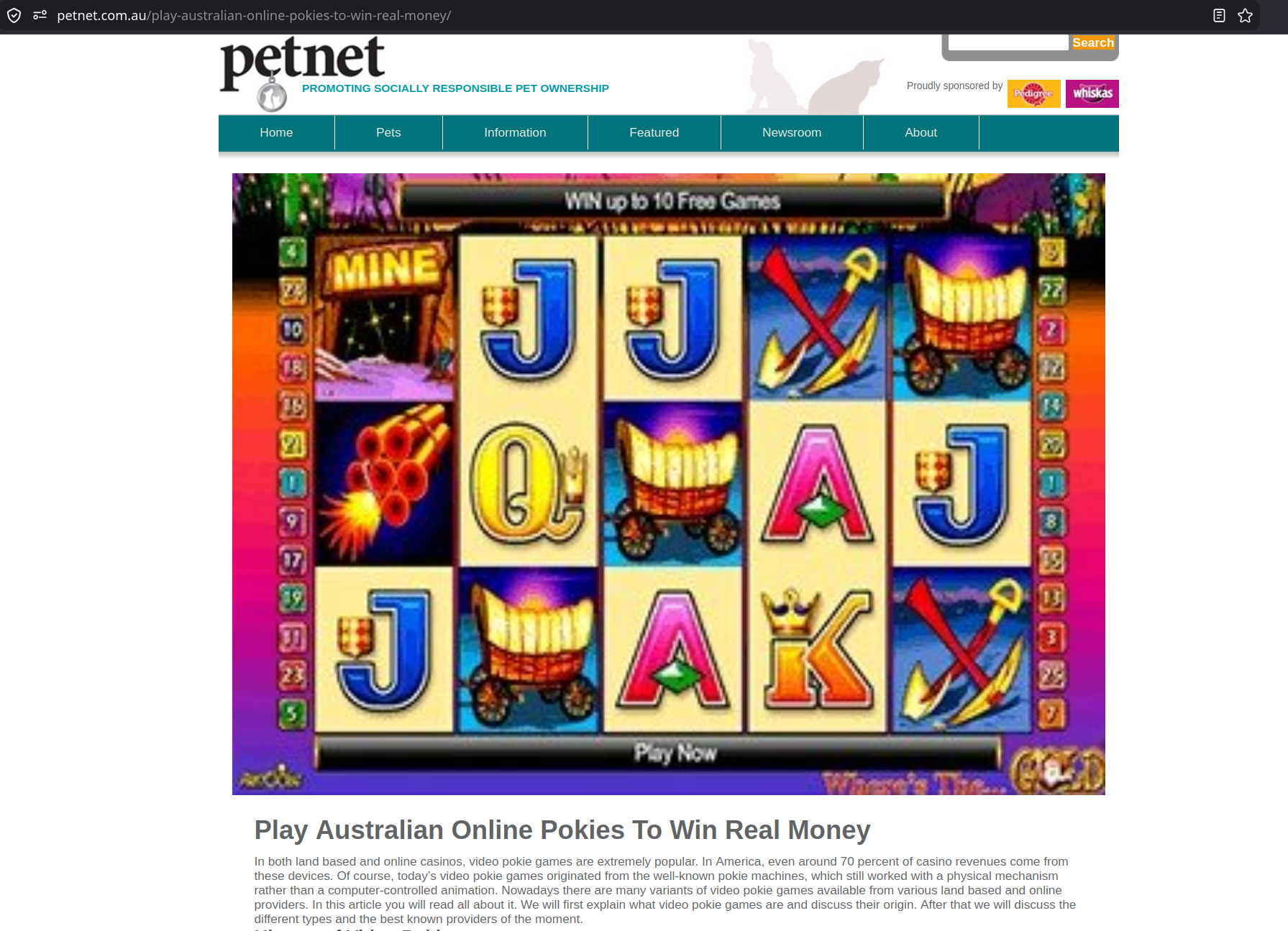 Petnet online pokies page screenshot